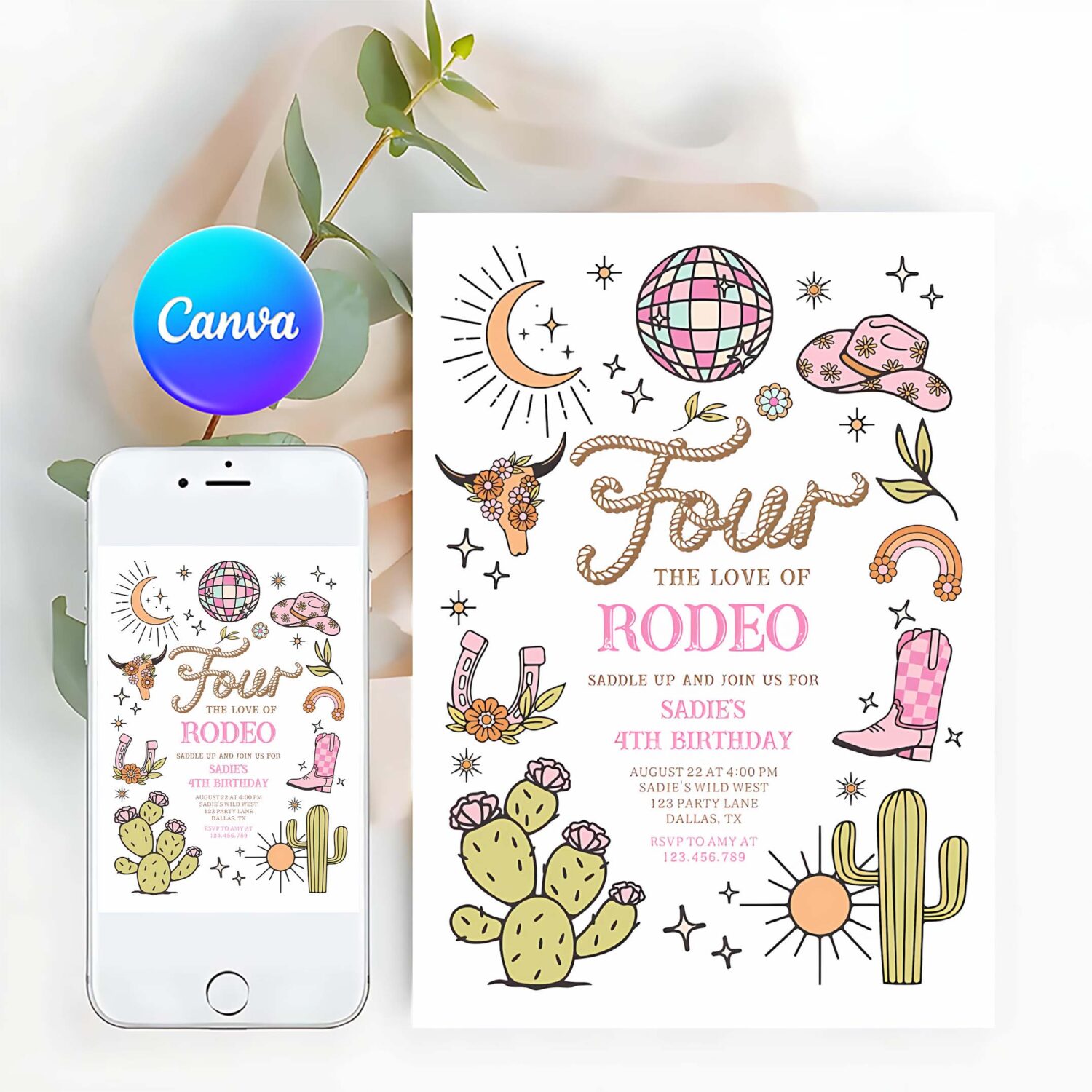 Four the love of rodeo disco cowgirl birthday invitation k21u