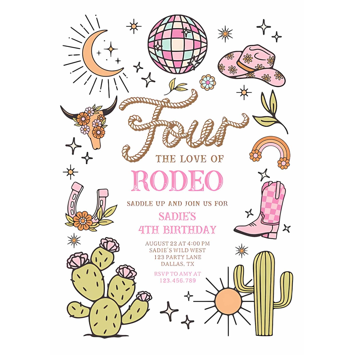 Four the love of rodeo disco cowgirl birthday invitation k21u 4