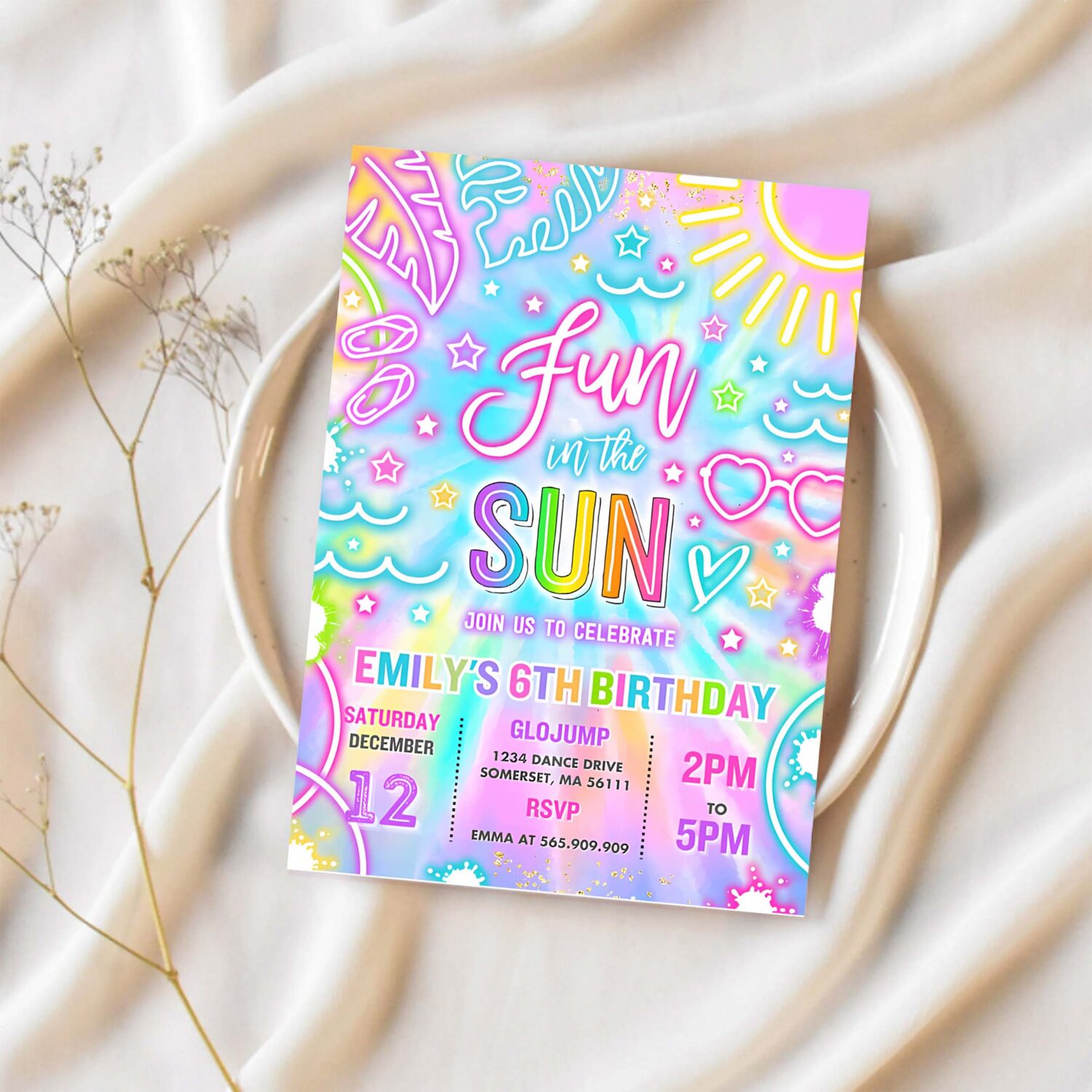 Fun in the sun pool birthday party invitation glow neon tie dye summer waterslide waterpark pool party 1