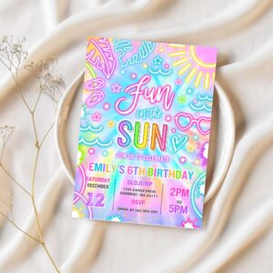 Fun in the sun pool birthday party invitation glow neon tie dye summer waterslide waterpark pool party 1