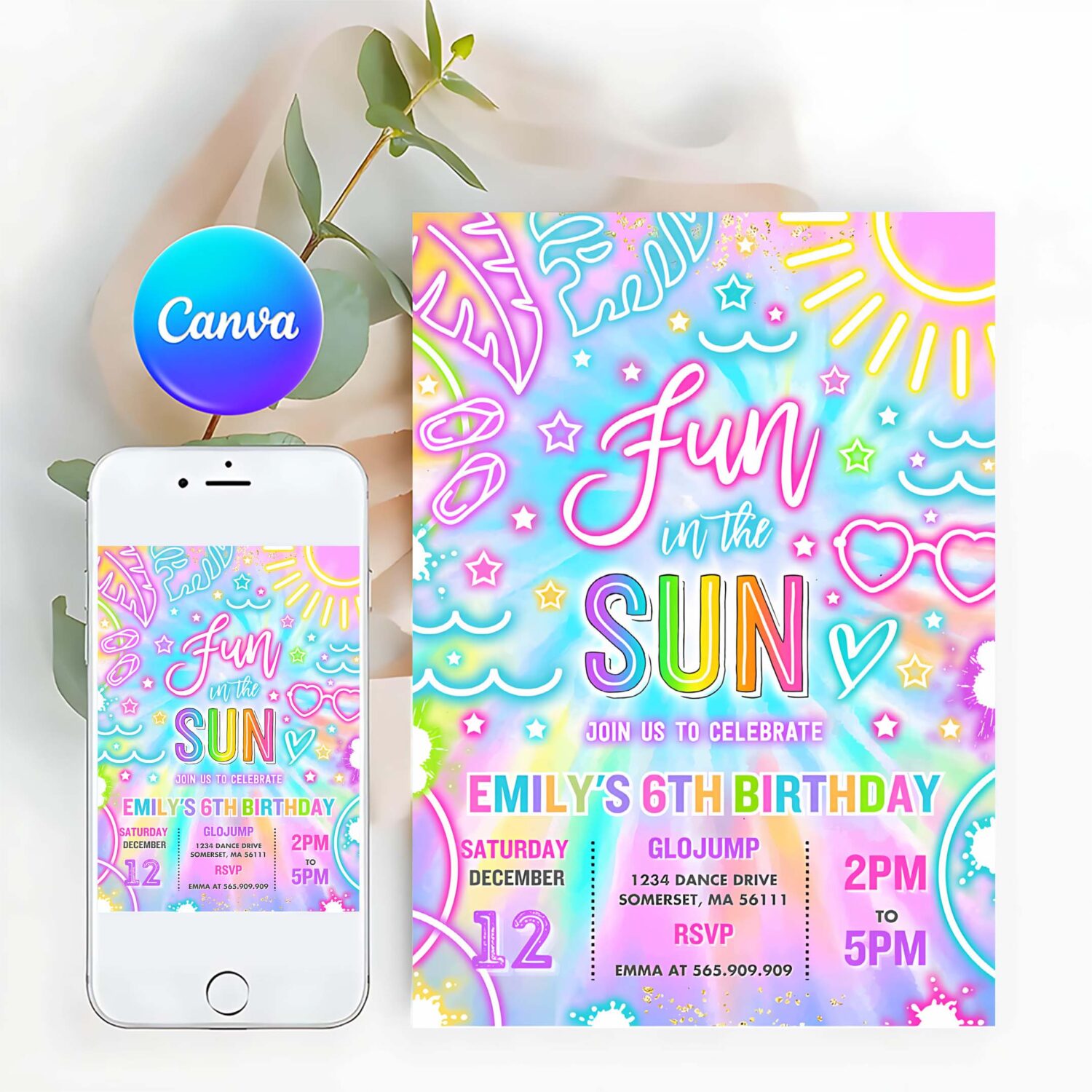 Fun in the sun pool birthday party invitation glow neon tie dye summer waterslide waterpark pool party