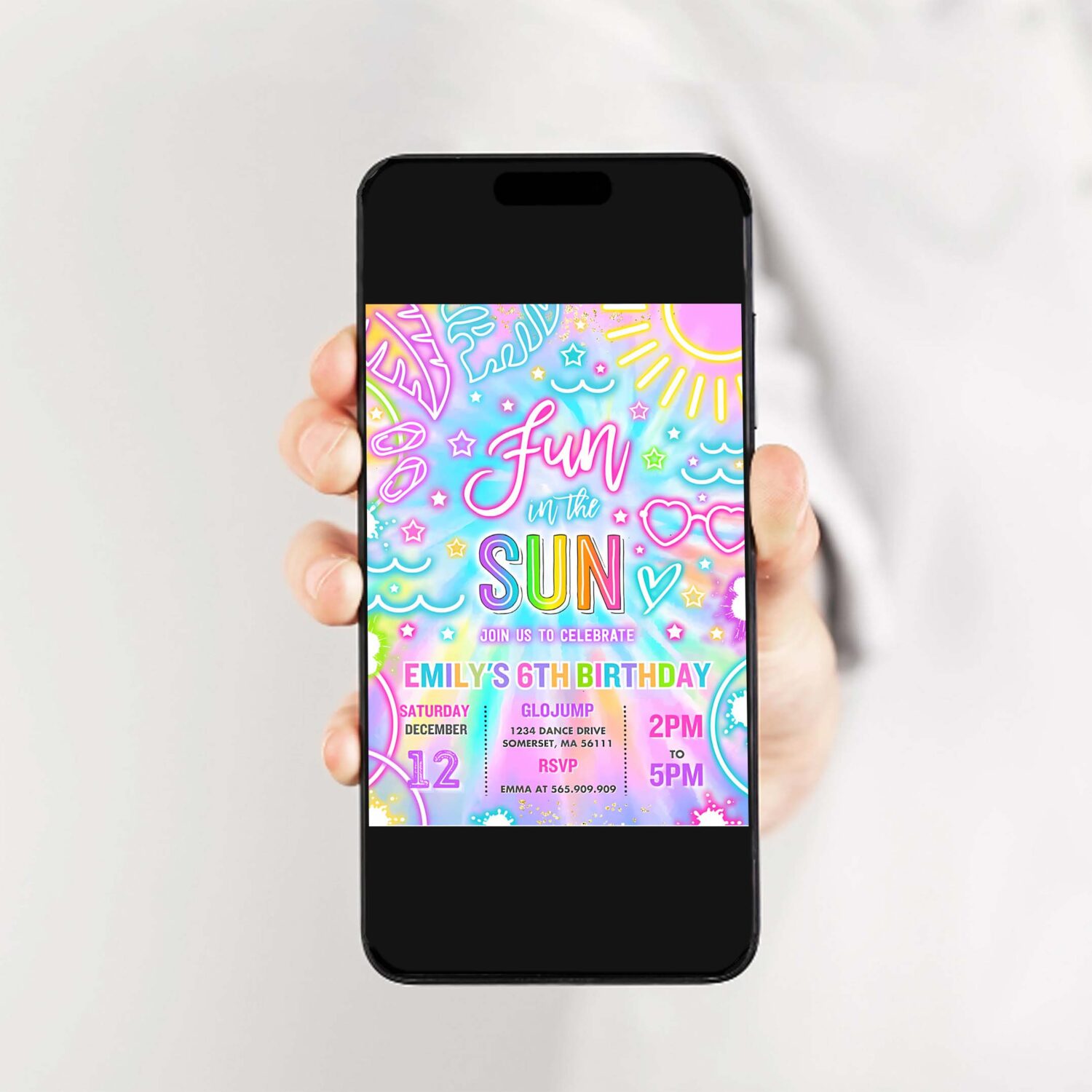Fun in the sun pool birthday party invitation glow neon tie dye summer waterslide waterpark pool party 2
