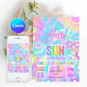 Pool Party Invitation, Fun In The Sun Pool Birthday Party Invitation, Glow Neon Tie Dye Summer Waterslide Waterpark Pool Party