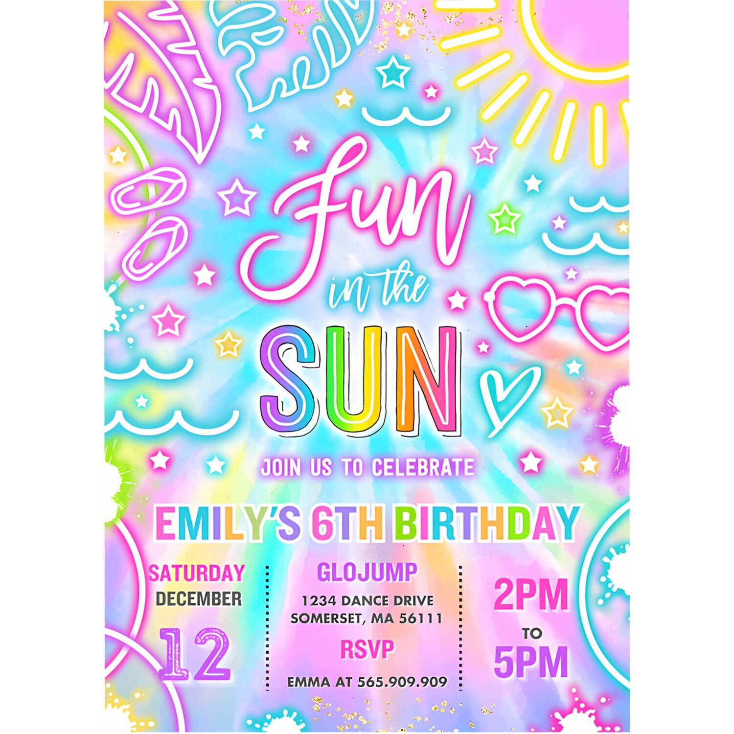 Fun in the sun pool birthday party invitation glow neon tie dye summer waterslide waterpark pool party 4