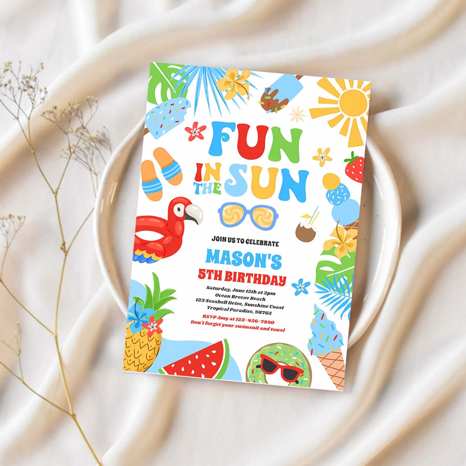 Fun in the sun tropical beach birthday party invitation u93l 1