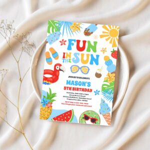Fun in the sun tropical beach birthday party invitation u93l 1