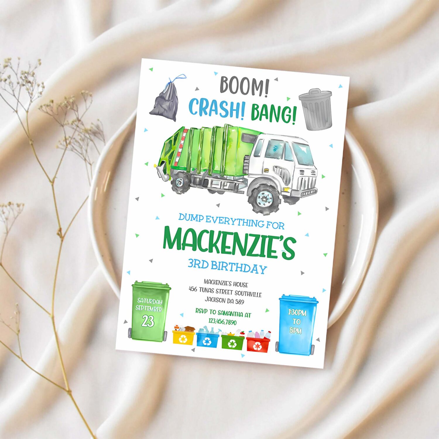 Garbage truck birthday invitation template dump truck party invitation garbage truck thank you tag 1