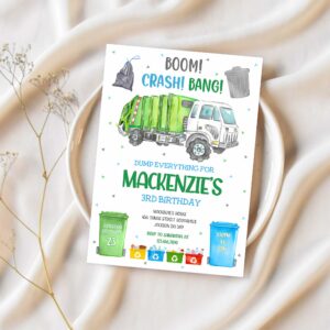 Garbage truck birthday invitation template dump truck party invitation garbage truck thank you tag 1