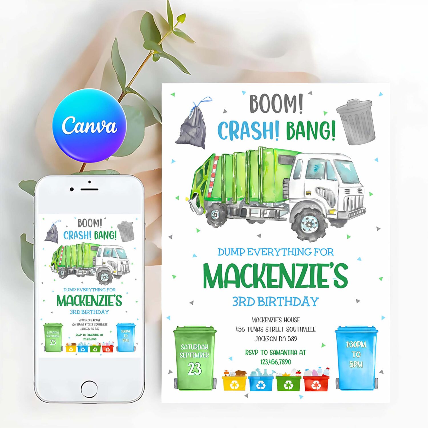 Garbage truck birthday invitation template dump truck party invitation garbage truck thank you tag