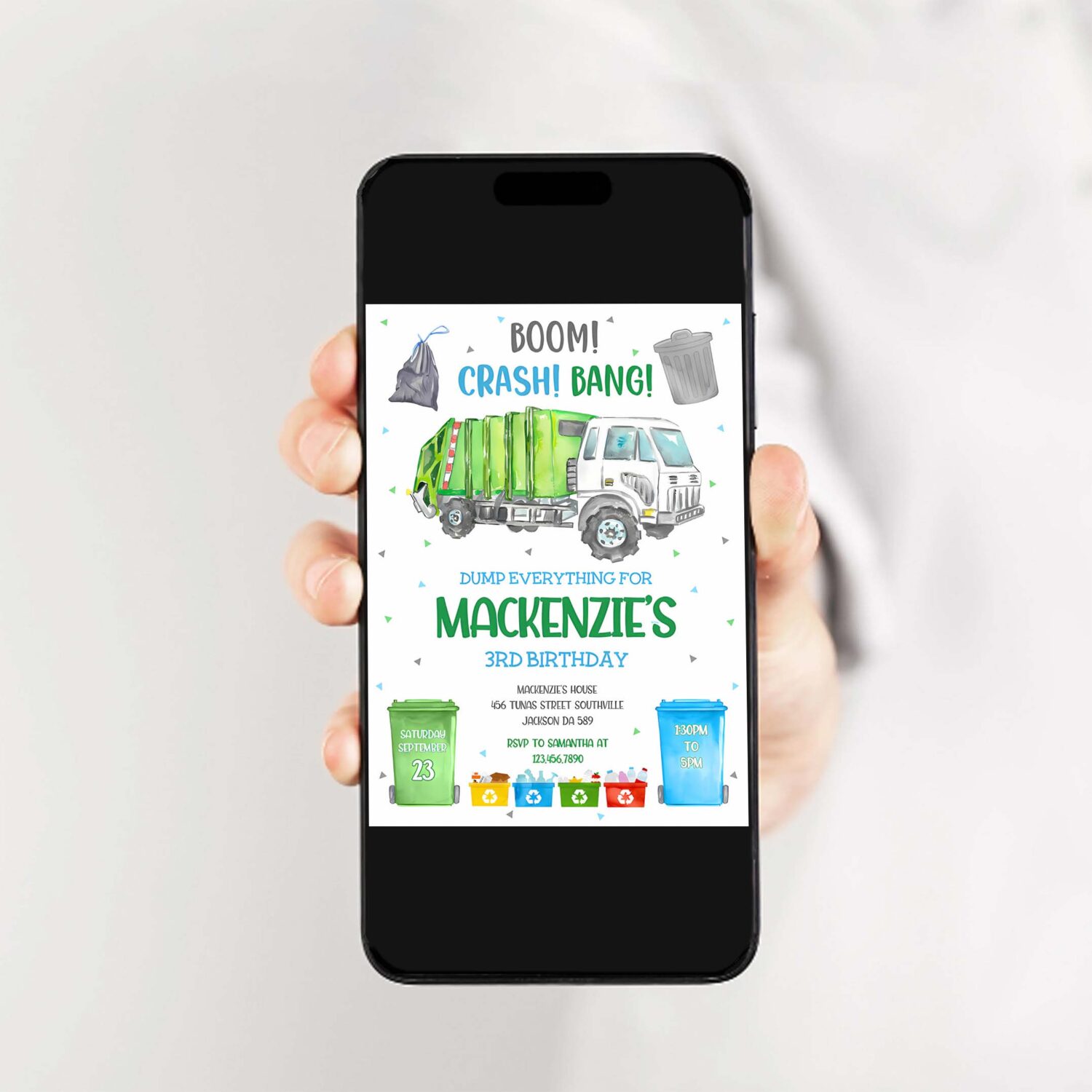 Garbage truck birthday invitation template dump truck party invitation garbage truck thank you tag 2