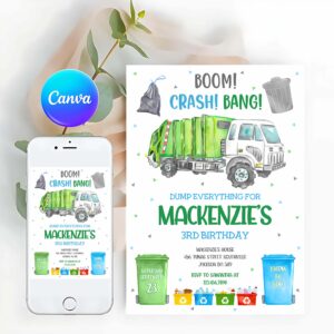 Garbage Truck Birthday Invitation Template, Dump Truck Party Invitation, Garbage Truck