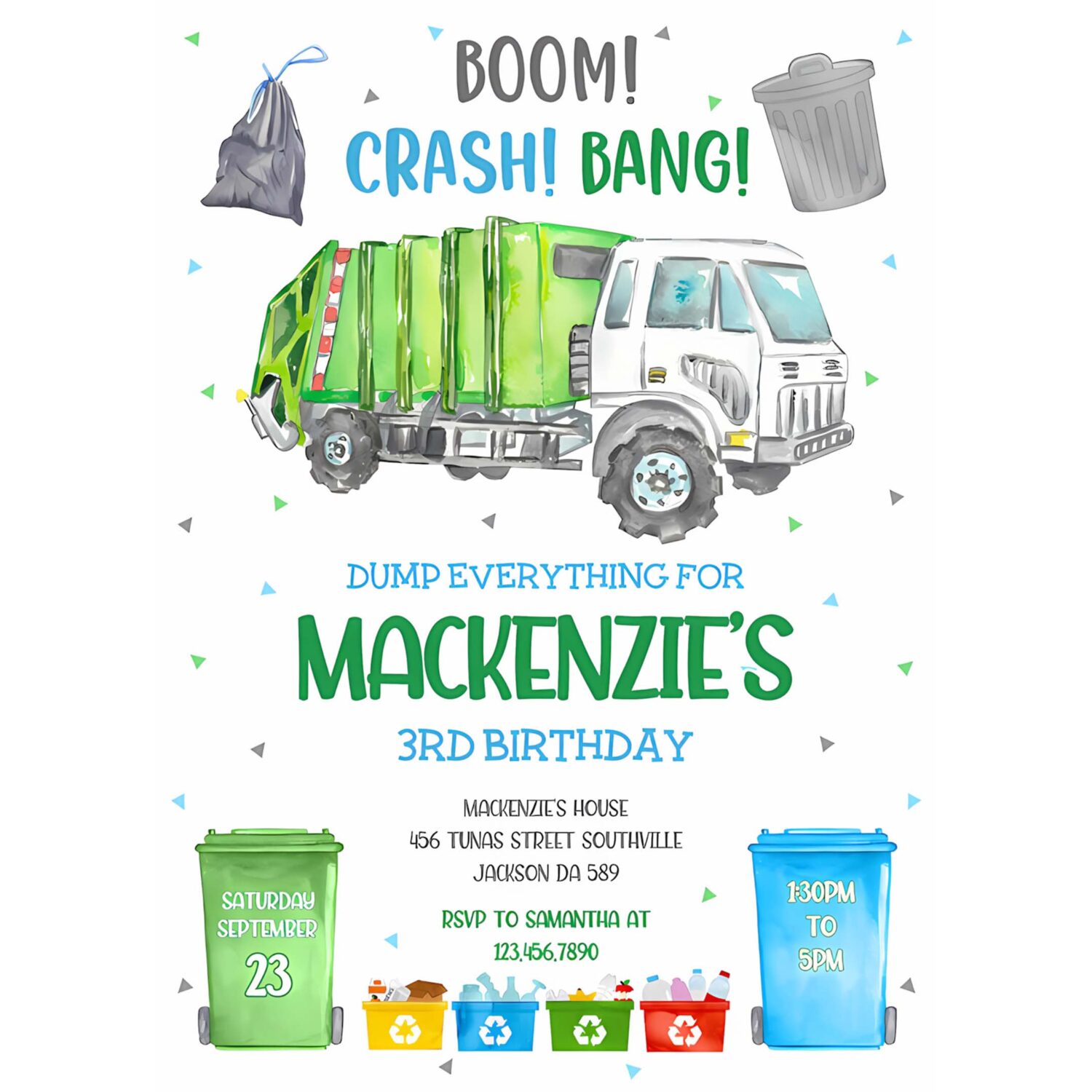 Garbage truck birthday invitation template dump truck party invitation garbage truck thank you tag 4