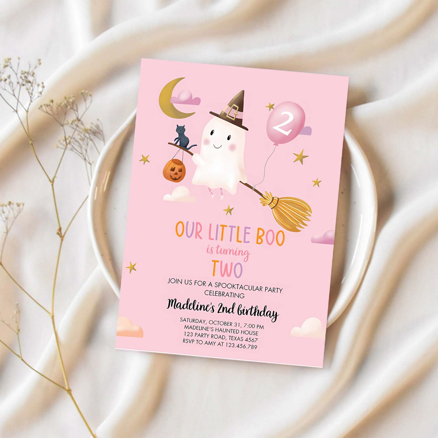 Ghost halloween 2nd birthday invitation pink costume party girl pink boo spooktacular spooky 1