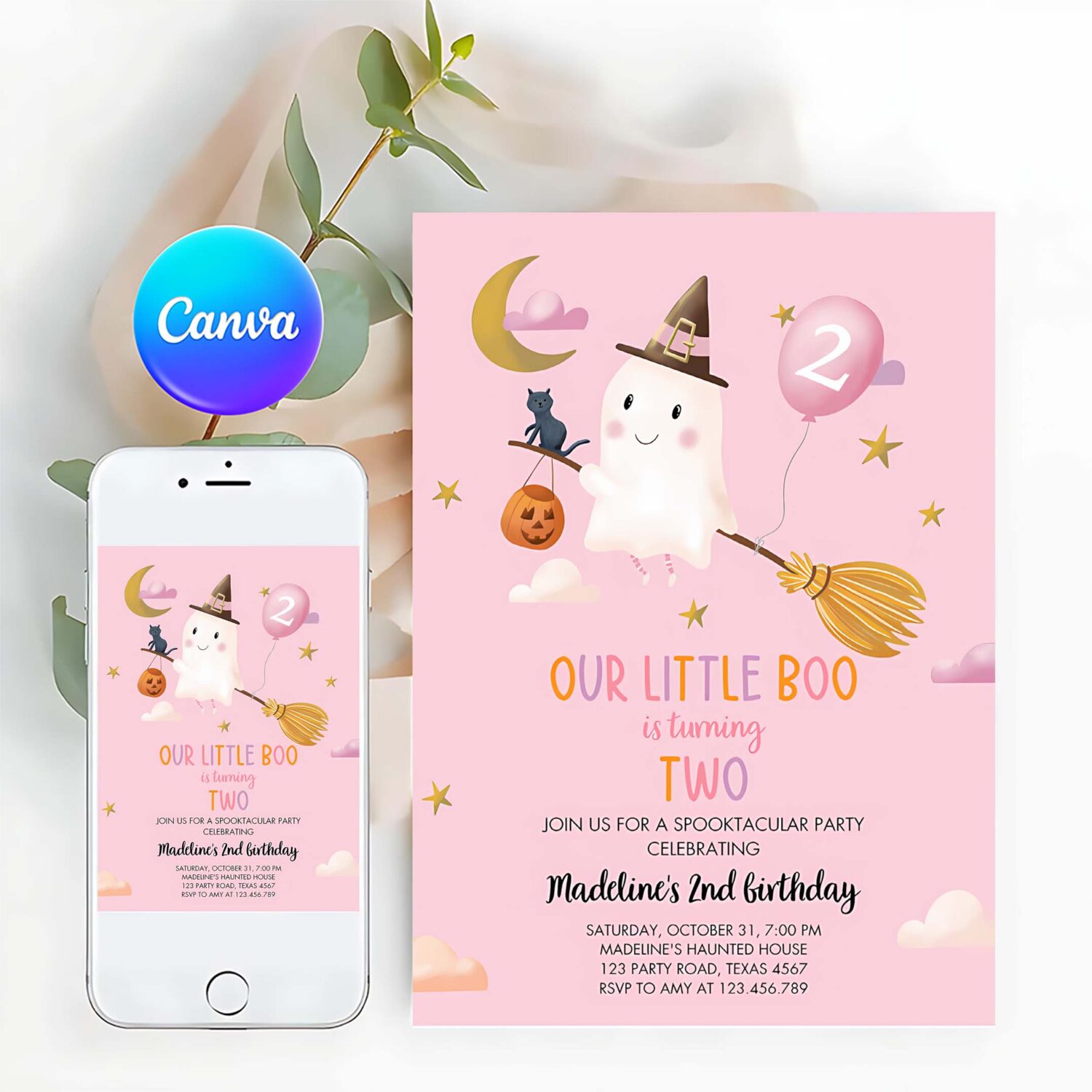 Ghost halloween 2nd birthday invitation pink costume party girl pink boo spooktacular spooky