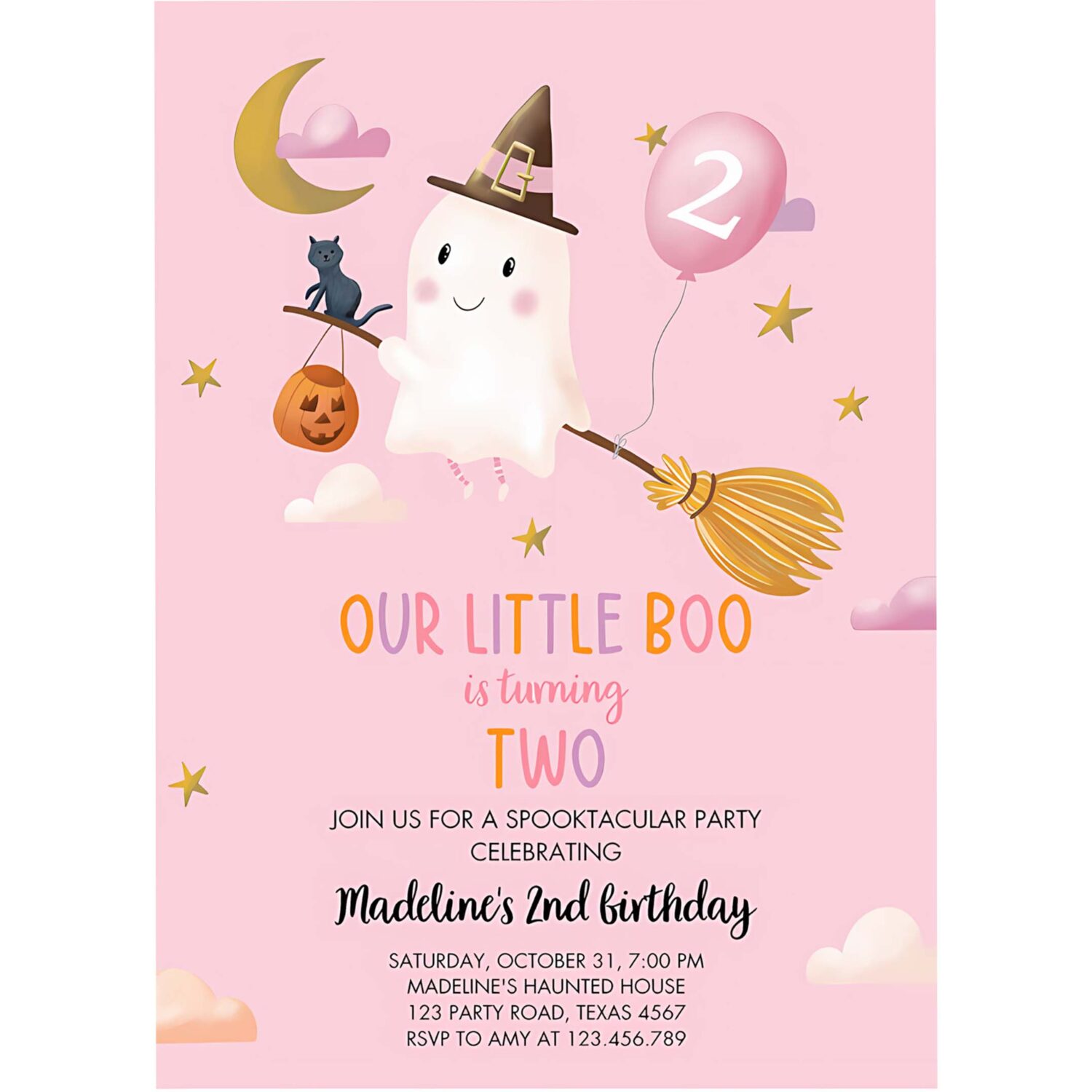 Ghost halloween 2nd birthday invitation pink costume party girl pink boo spooktacular spooky 4