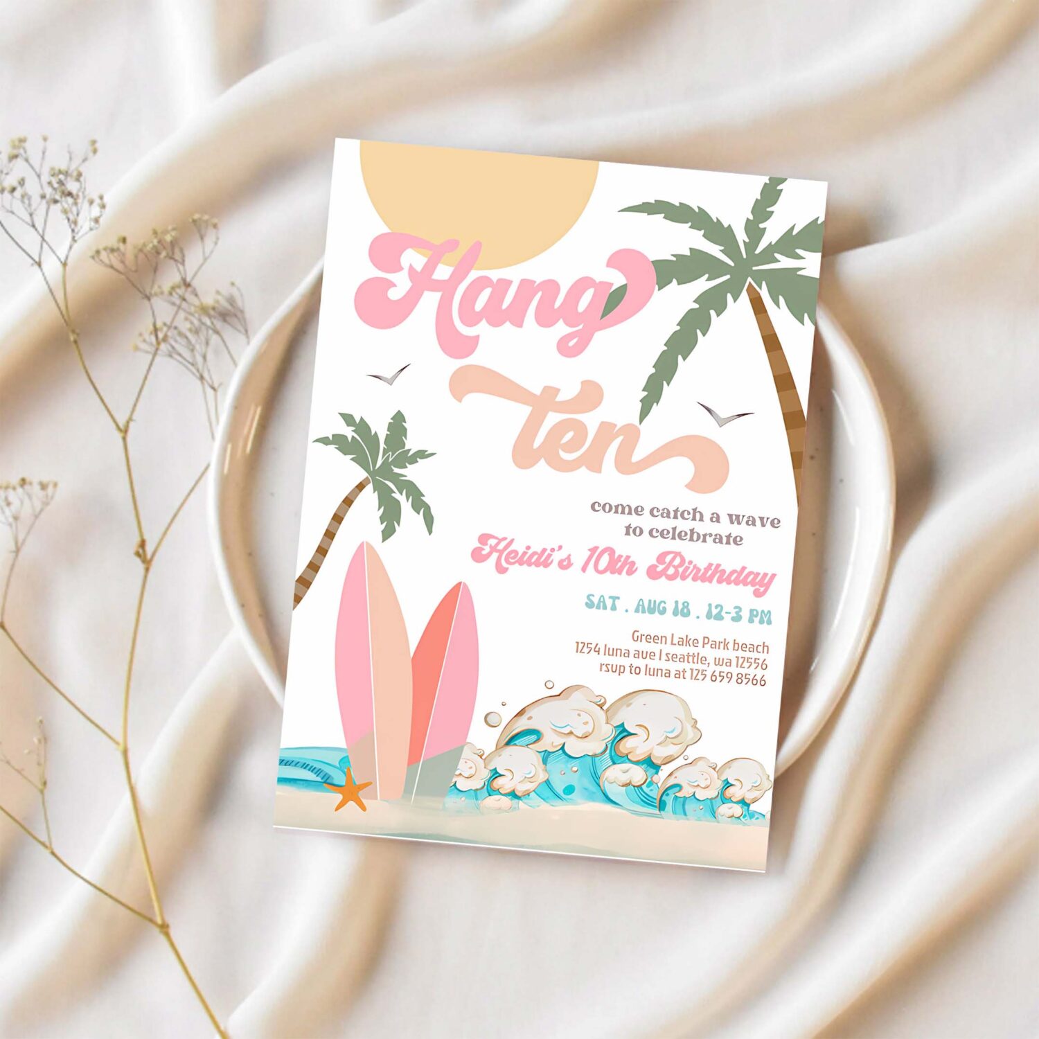 Girl hang ten surfing birthday party invitation pink peach surf surfboard beach party 1