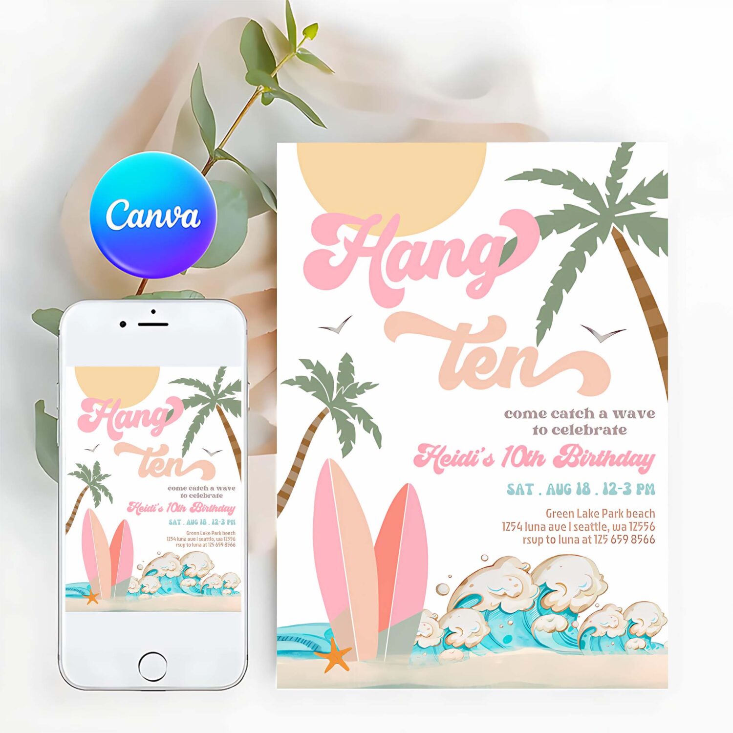 Girl hang ten surfing birthday party invitation pink peach surf surfboard beach party