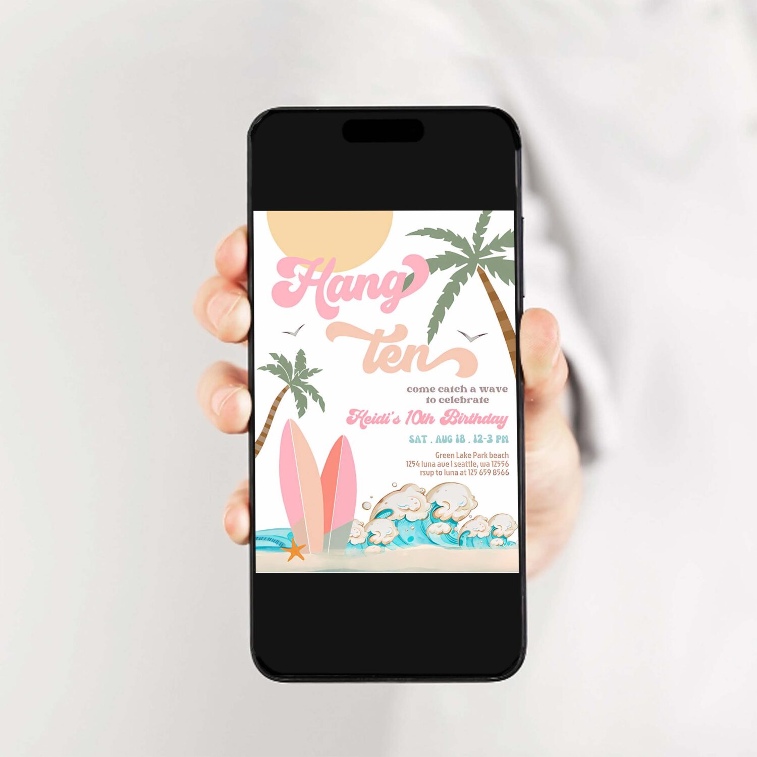 Girl hang ten surfing birthday party invitation pink peach surf surfboard beach party 2