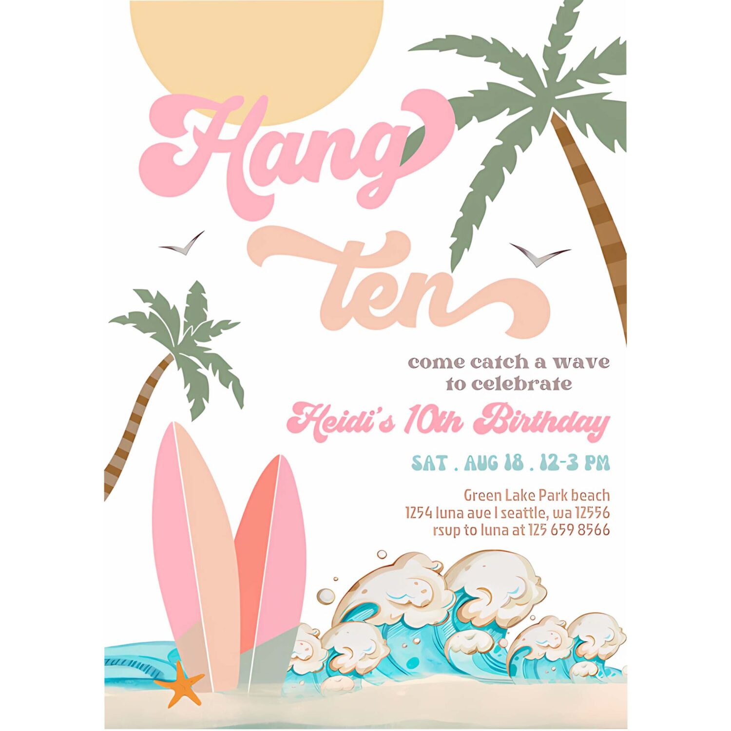 Girl hang ten surfing birthday party invitation pink peach surf surfboard beach party 4