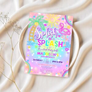 Girl neon pool party rainbow neon splish splash party invitation 1