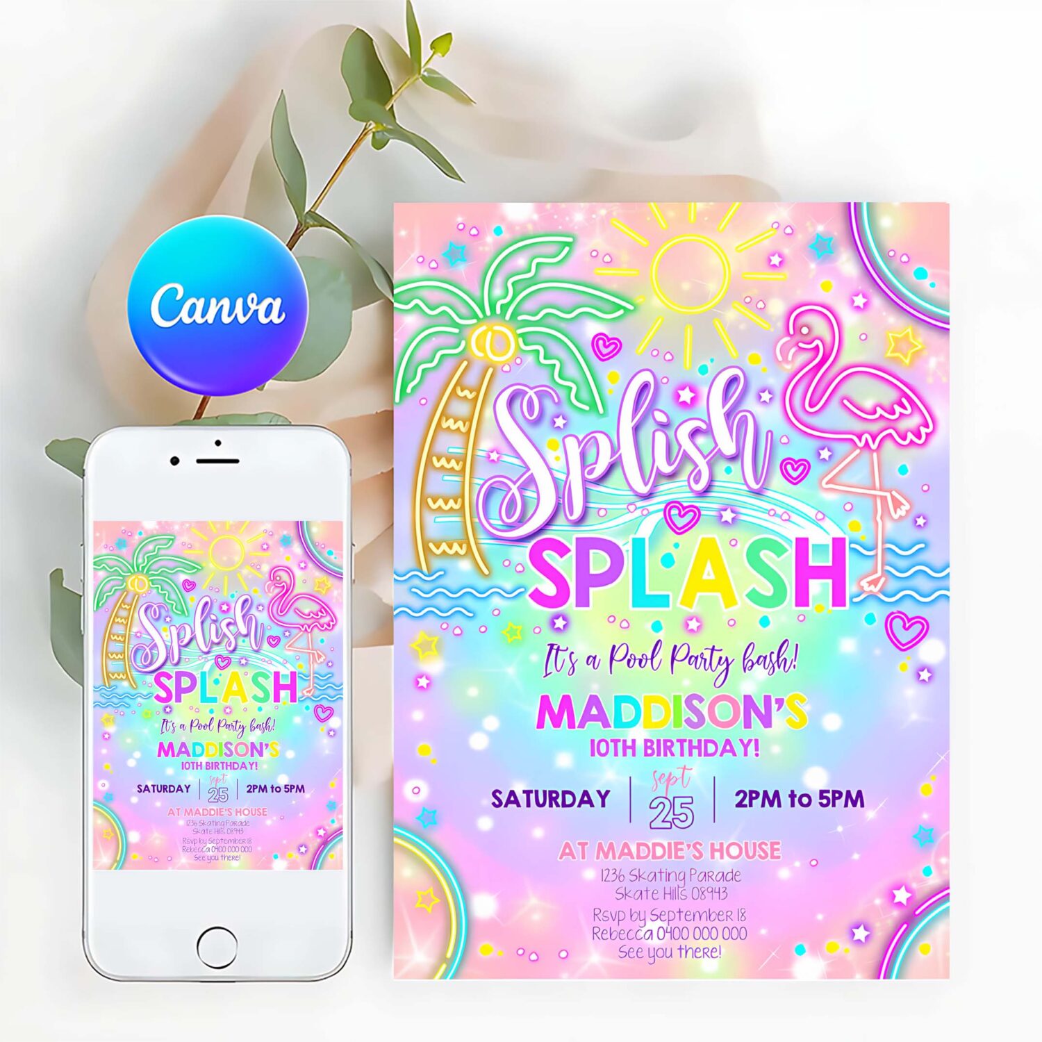 Girl neon pool party rainbow neon splish splash party invitation