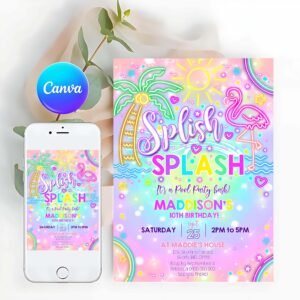 Splish Splash Invitation, Girl Neon Pool Party Rainbow Neon Splish Splash Party Invitation