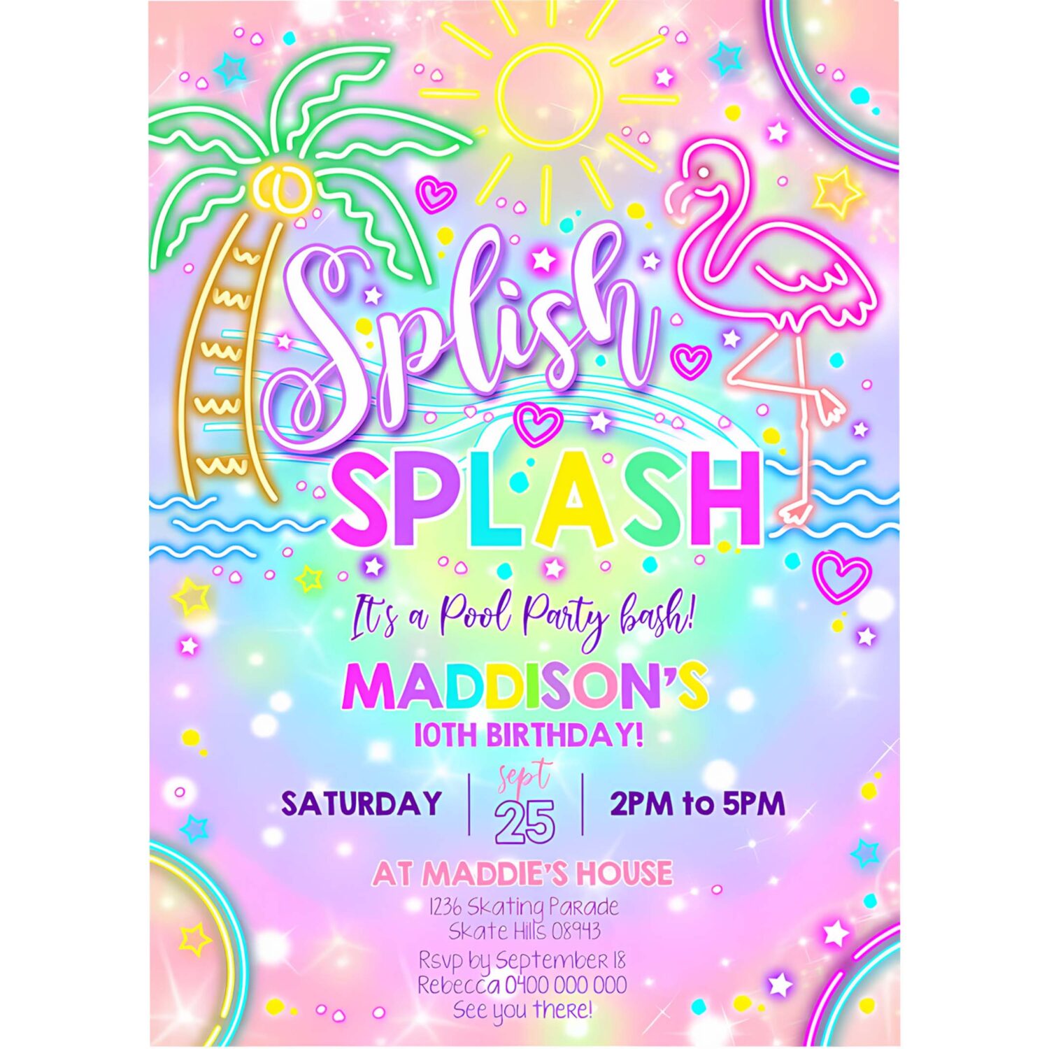 Girl neon pool party rainbow neon splish splash party invitation 4