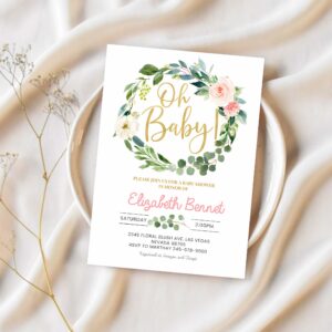Greenery baby shower invitation girl blush pink floral eucalyptus invite green gold wreath invitation 1