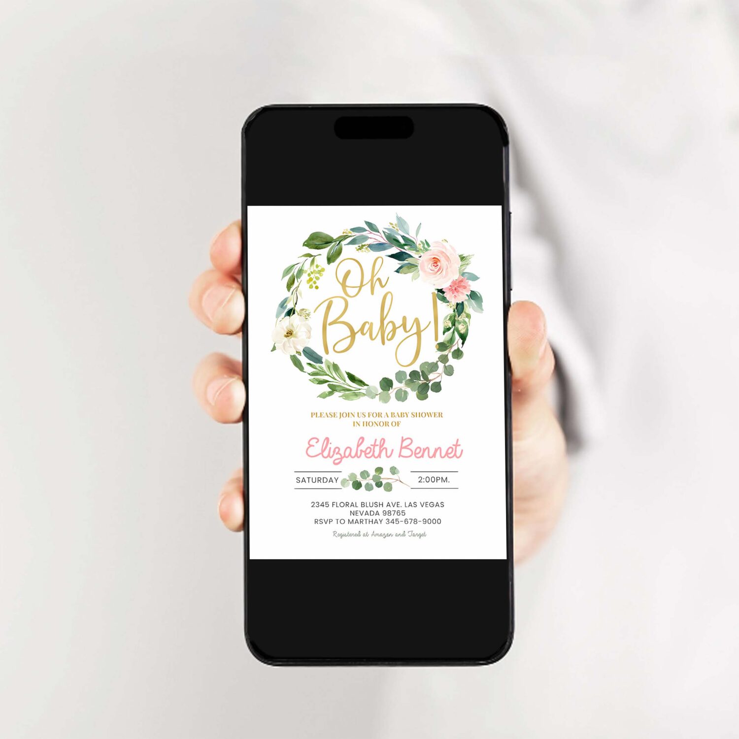 Greenery baby shower invitation girl blush pink floral eucalyptus invite green gold wreath invitation 2