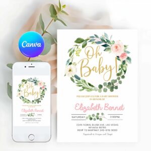 Greenery Invitation, Greenery Baby Shower Invitation, Girl Blush Pink Floral, Eucalyptus Invite, Green Gold Wreath Invitation