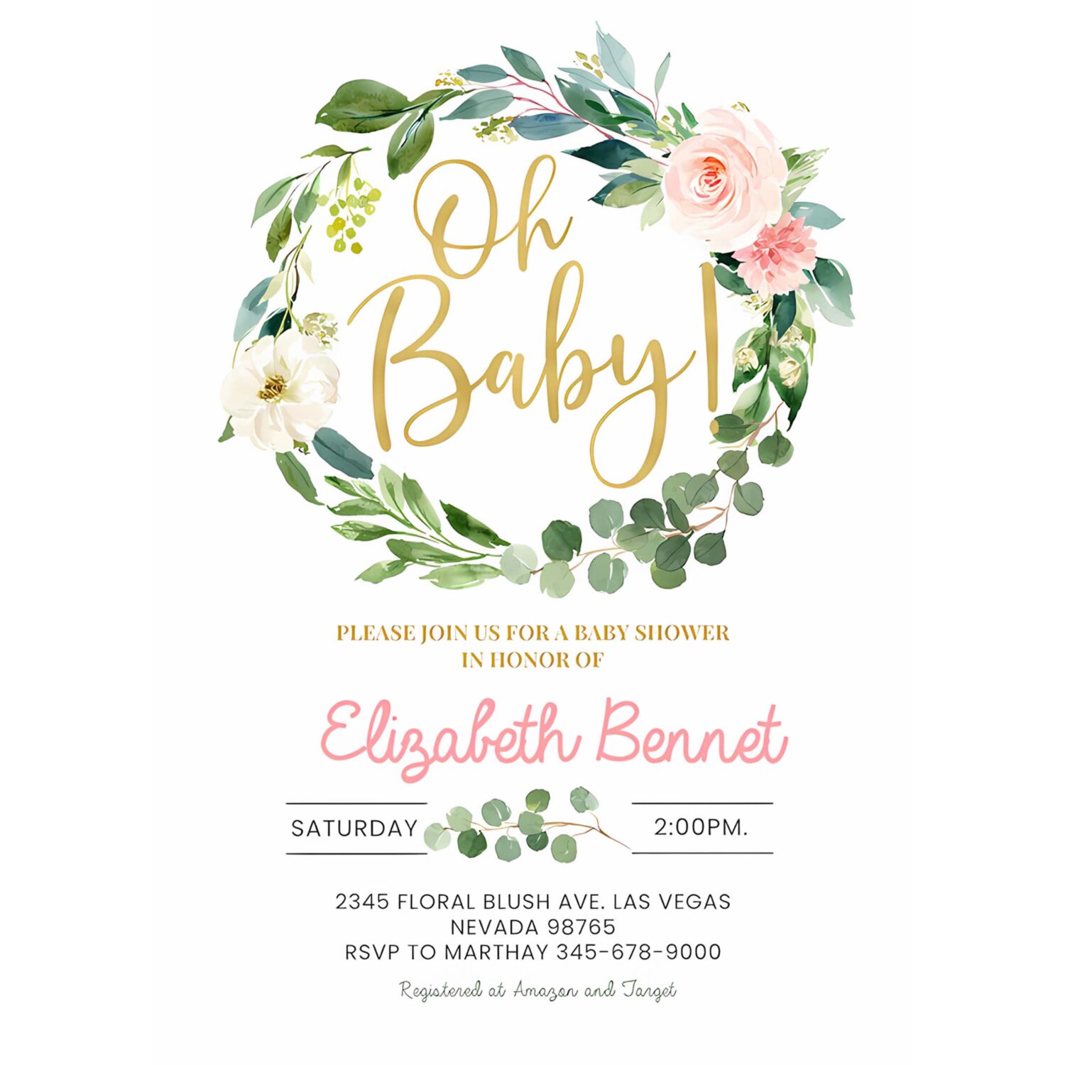Greenery baby shower invitation girl blush pink floral eucalyptus invite green gold wreath invitation 4