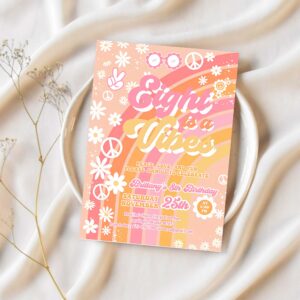 Groovy 8th birthday invitation eight is a vibe daisy rainbow hippie invite 1