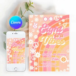 Groovy Invitation, Groovy 8th Birthday Invitation Eight is a Vibe Daisy Rainbow Hippie Invite