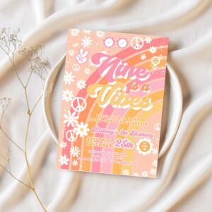 Groovy 9th birthday invitation nine is a vibe daisy rainbow hippie invite 1