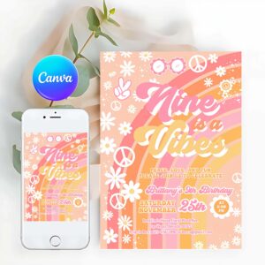 Groovy Invitation, Groovy 9th Birthday Invitation, Nine is a Vibe Daisy Rainbow Hippie Invite