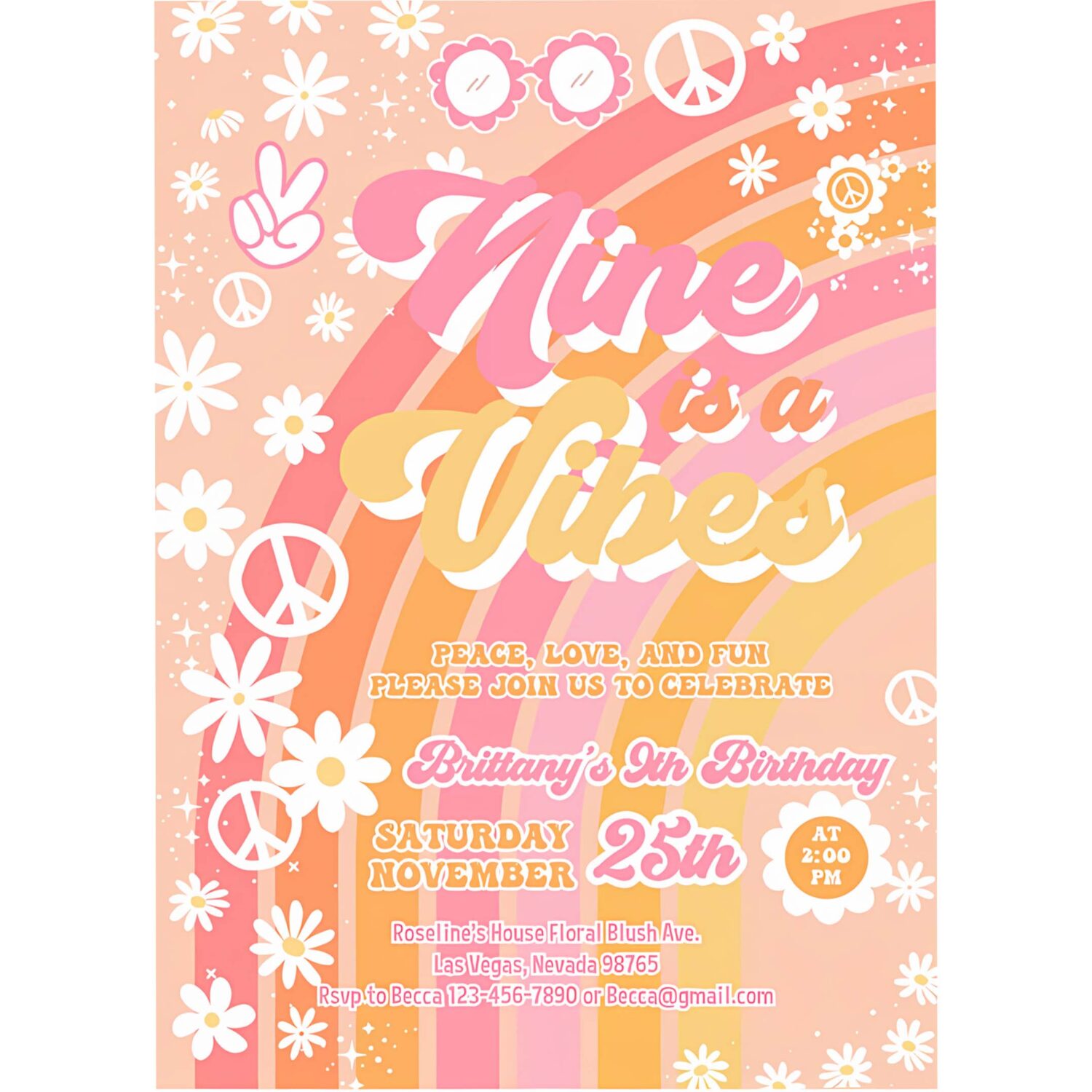 Groovy 9th birthday invitation nine is a vibe daisy rainbow hippie invite 4