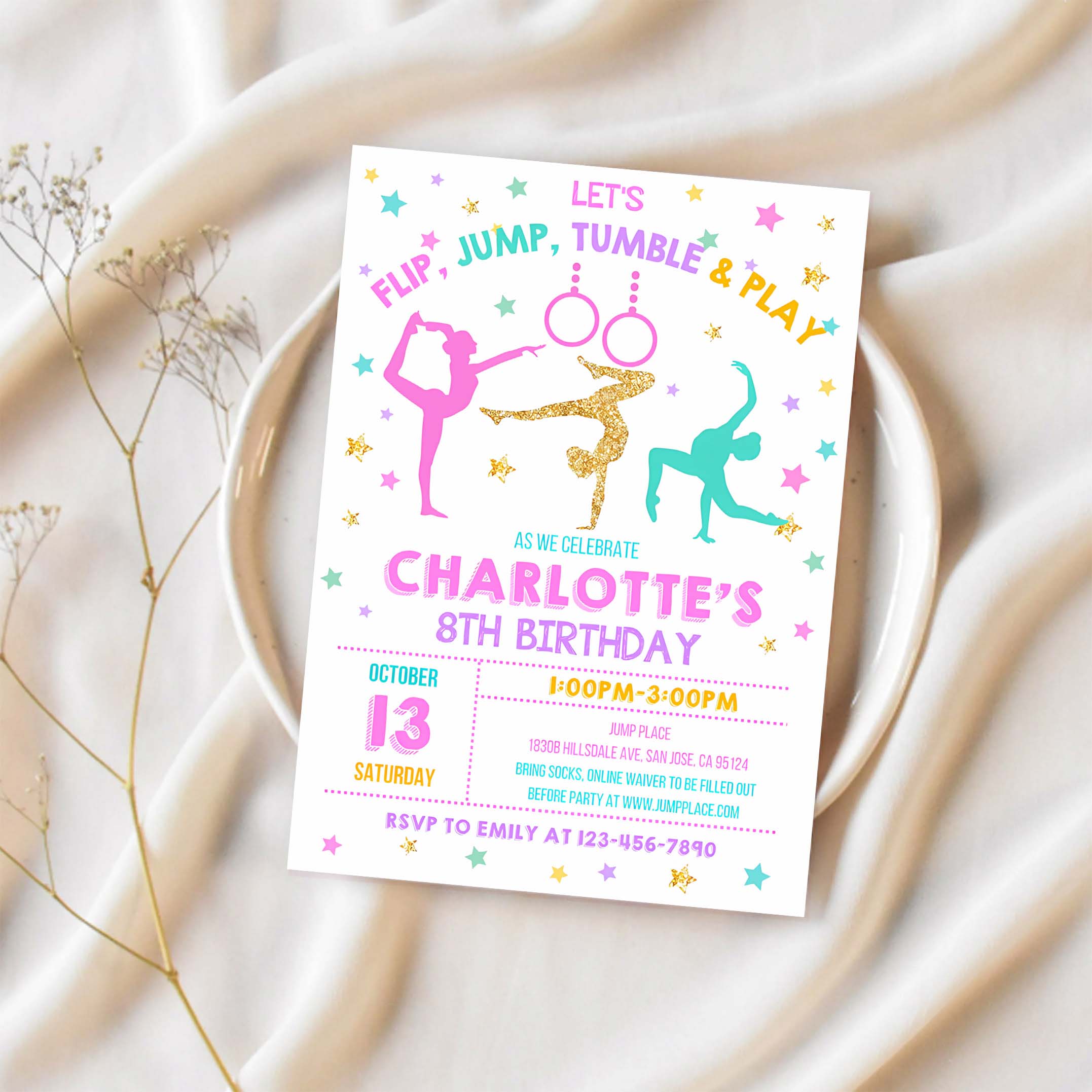 Gymnastics Birthday Invitation Gymnastics Party Invite Girl Party Pink Gold Trampoline