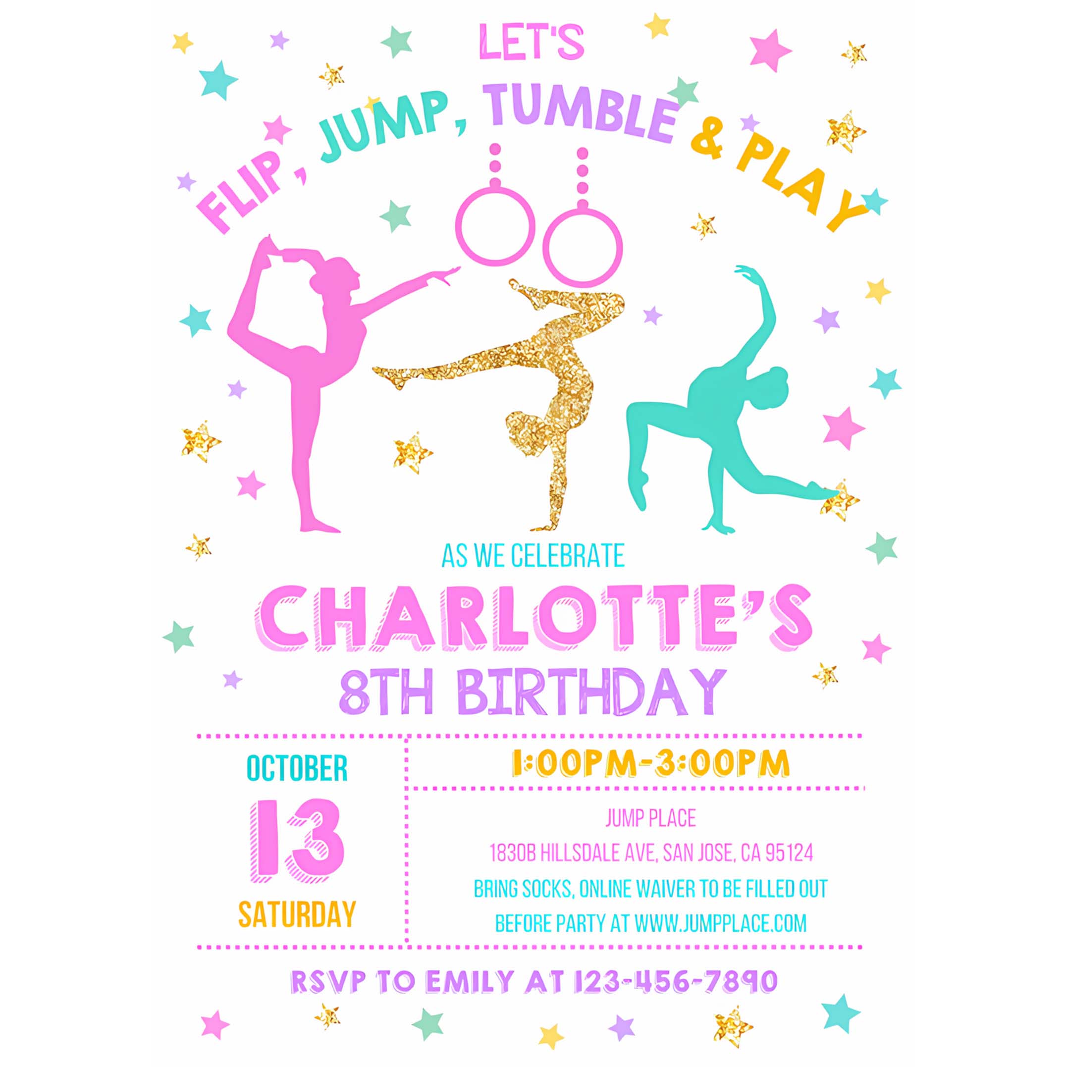 Gymnastics Birthday Invitation Gymnastics Party Invite Girl Party Pink Gold Trampoline