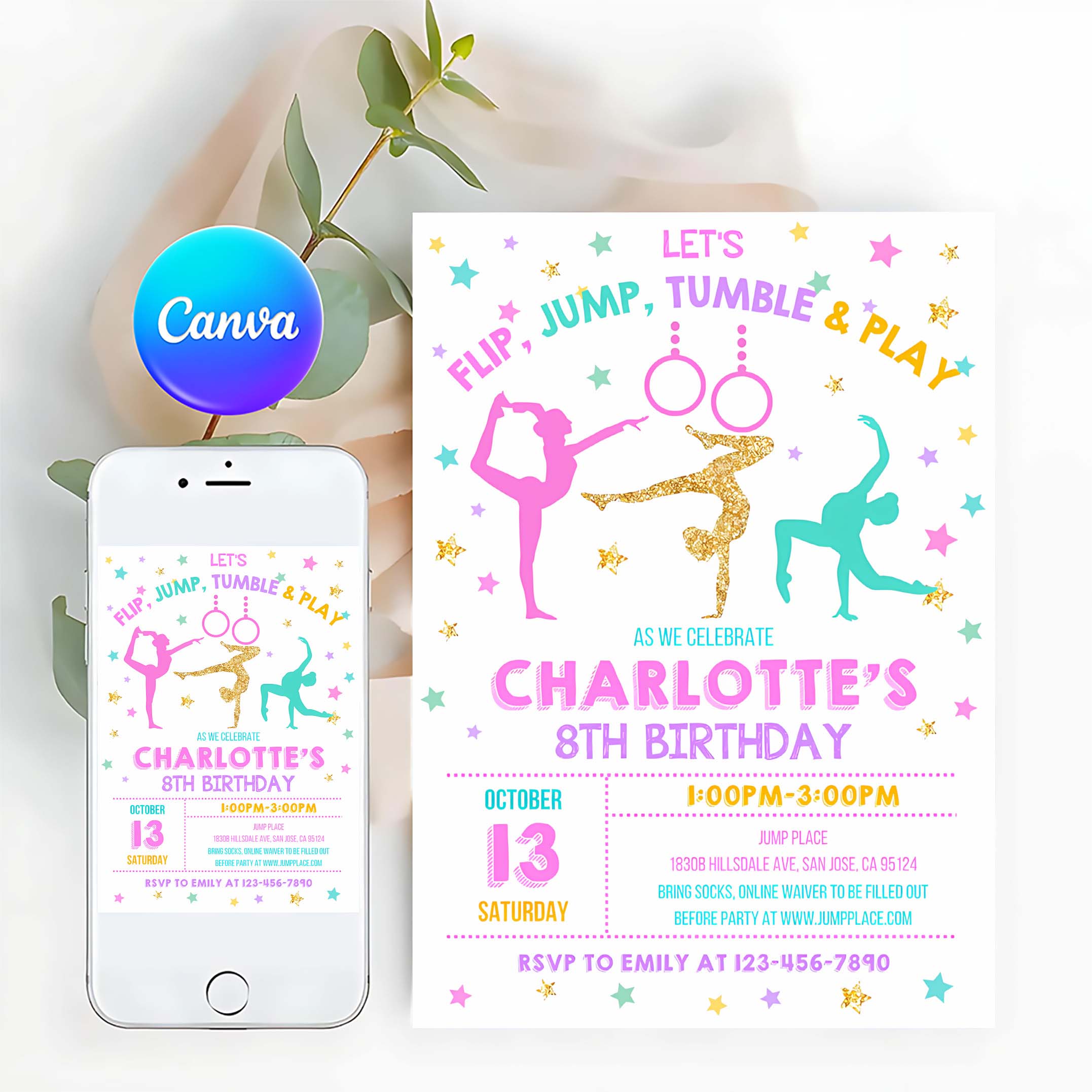 Gymnastics Birthday Invitation Gymnastics Party Invite Girl Party Pink Gold Trampoline