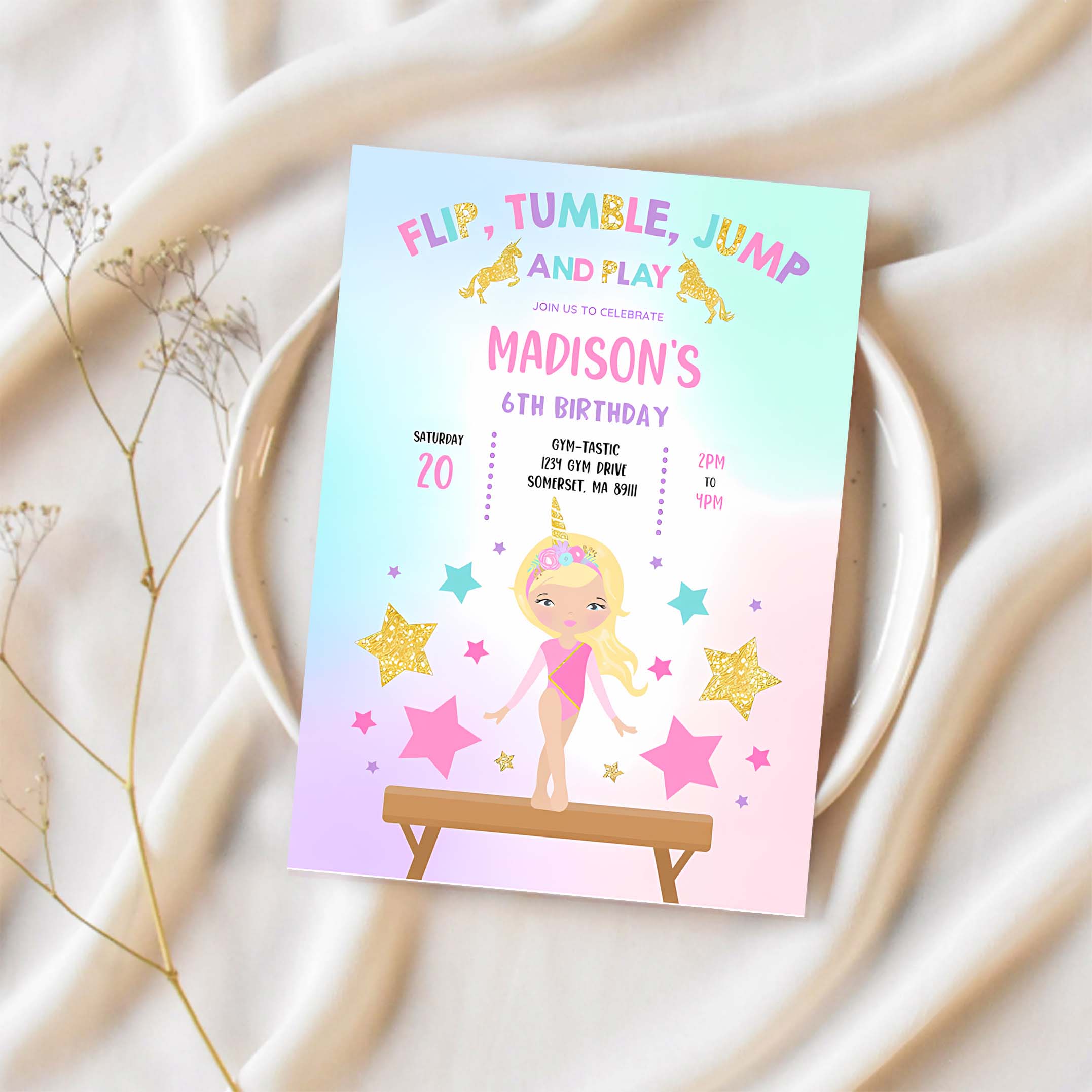 Gymnastics Unicorn Invitation Unicorn Gymnastics Invitation Gymnastics Party Magical Gymnastics Party