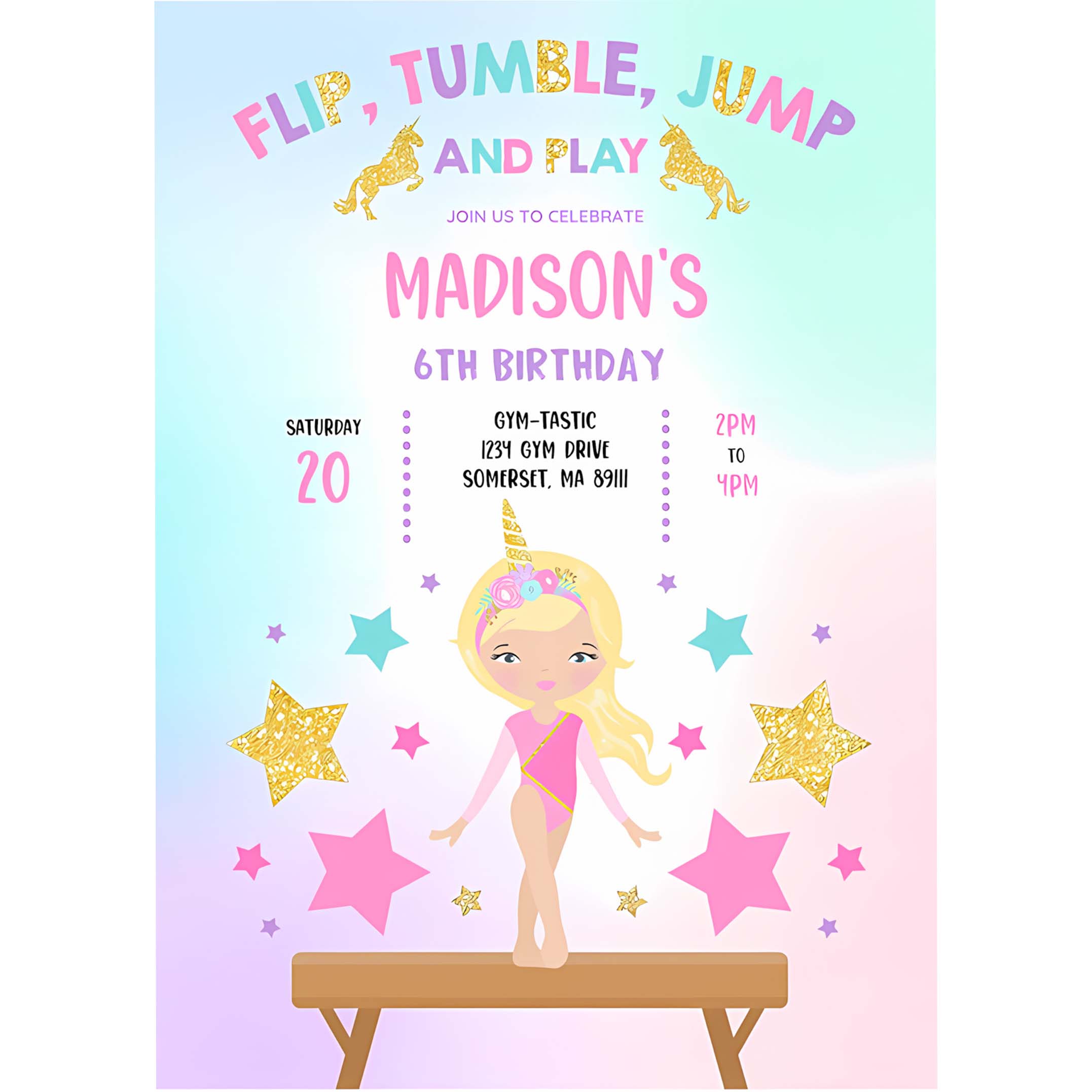 Gymnastics Unicorn Invitation Unicorn Gymnastics Invitation Gymnastics Party Magical Gymnastics Party