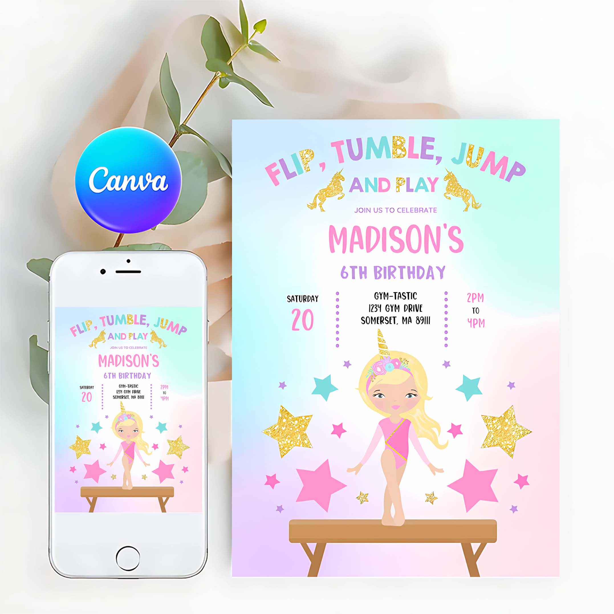 Gymnastics Unicorn Invitation Unicorn Gymnastics Invitation Gymnastics Party Magical Gymnastics Party