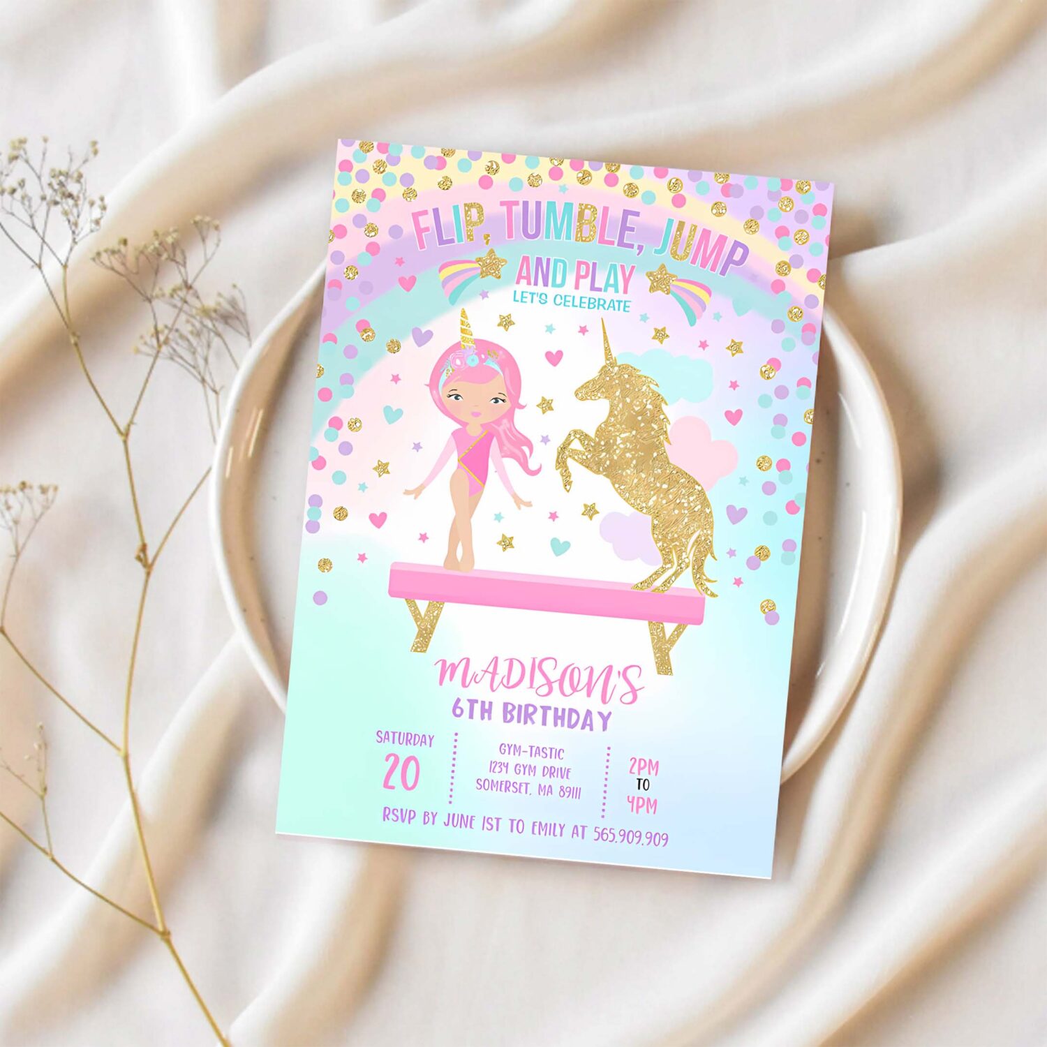 Gymnastics unicorn party invitation unicorn gymnastics invitation gymnastics party magical gymnastics party 1