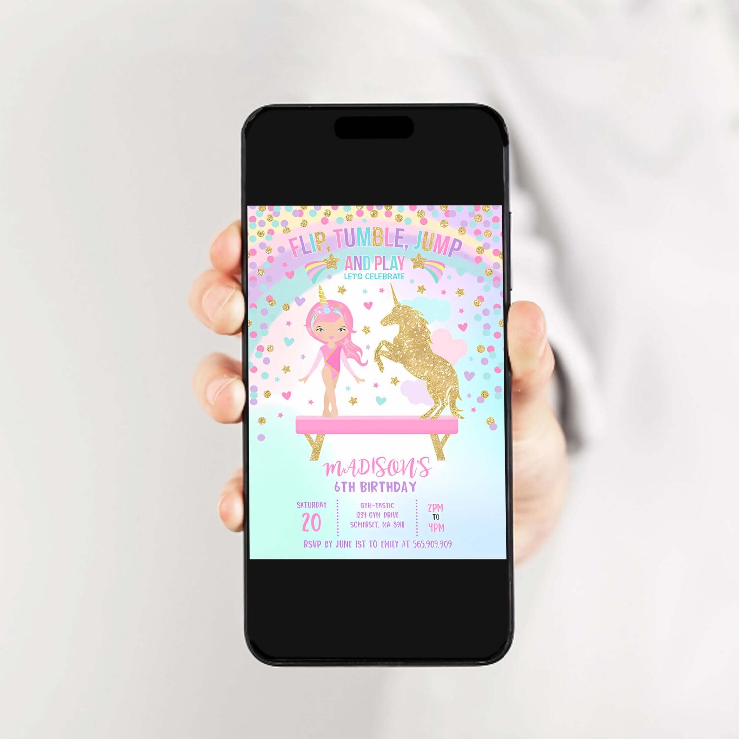 Gymnastics unicorn party invitation unicorn gymnastics invitation gymnastics party magical gymnastics party 2