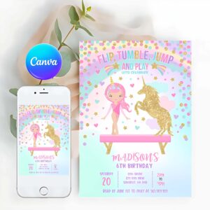 Unicorn Invitation, Gymnastics Unicorn Party Invitation