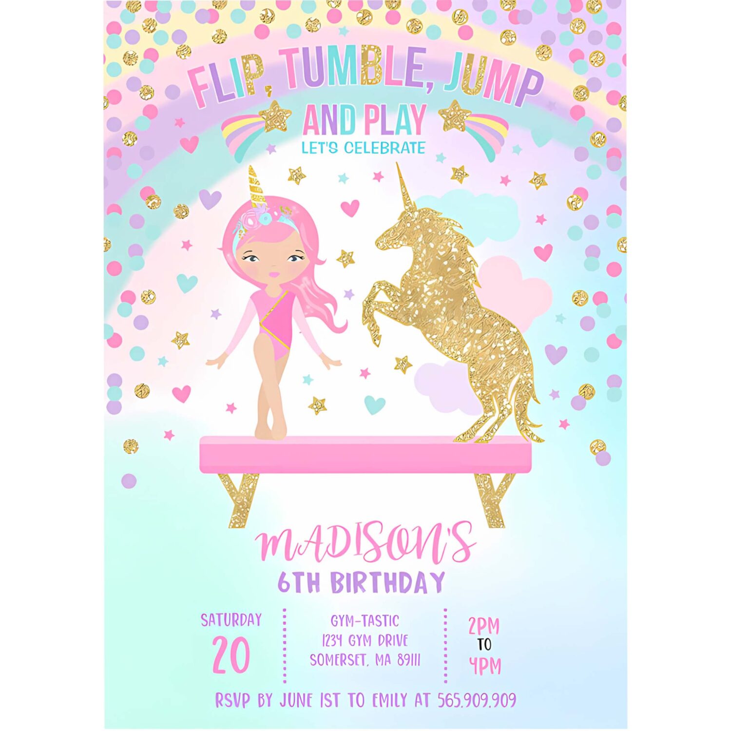 Gymnastics unicorn party invitation unicorn gymnastics invitation gymnastics party magical gymnastics party 4