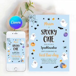 One Spooky Invitation, Halloween 1st Birthday Invitation, Boy Blue Ghost Costume Party Kids Spooky One First