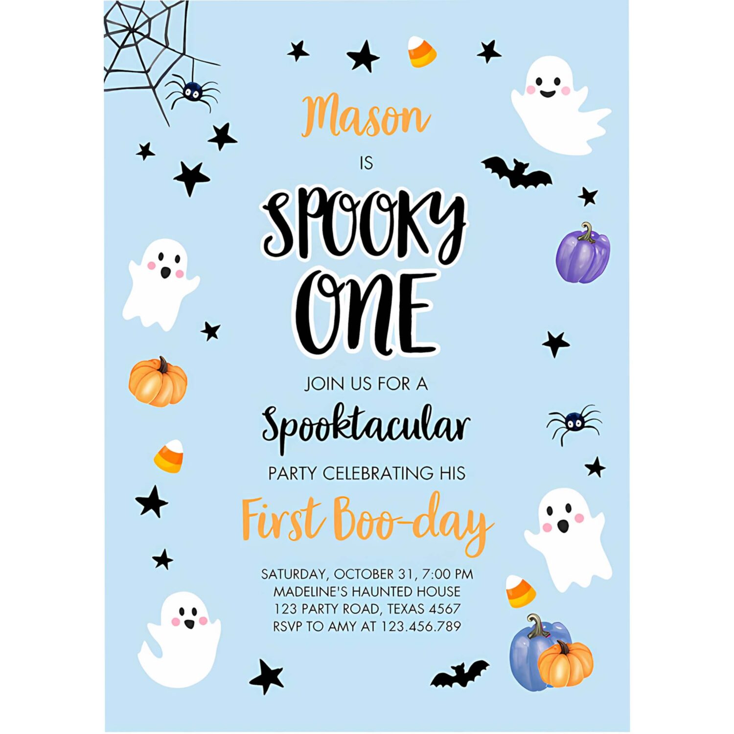 Halloween 1st birthday invitation boy blue ghost costume party kids spooky one first 4