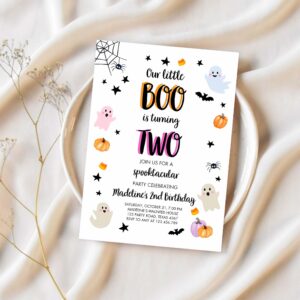 Halloween 2nd birthday invitation pink ghost costume party pastel boo spooktacular spooky 1