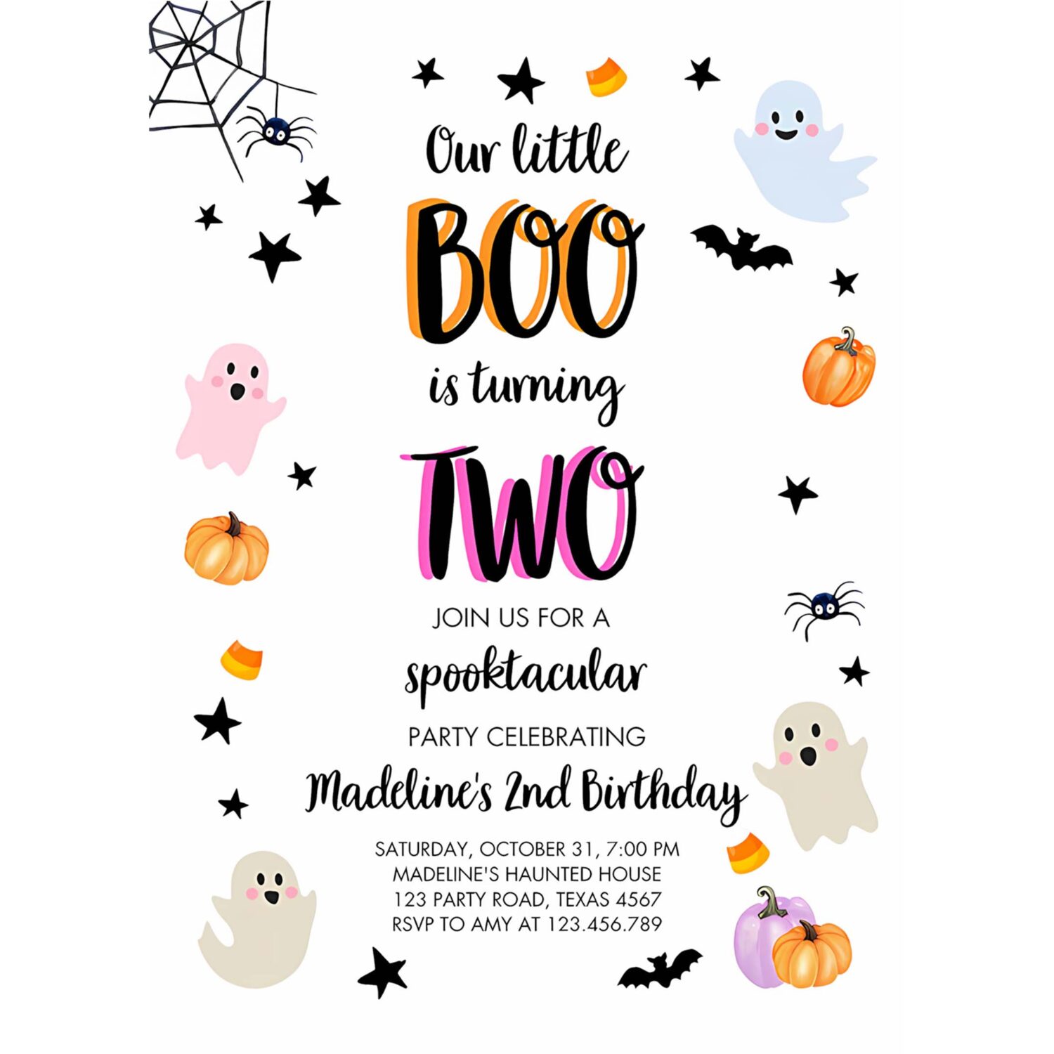 Halloween 2nd birthday invitation pink ghost costume party pastel boo spooktacular spooky 4
